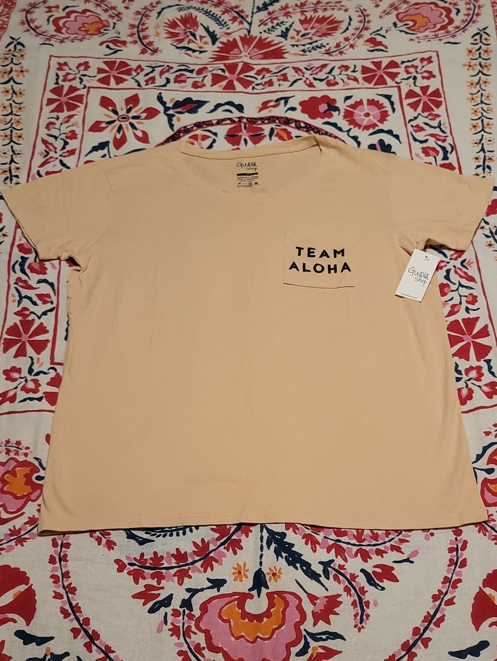 NWT Guava Shop Team Aloha Womens Tee Shirt with Pocket in Cream